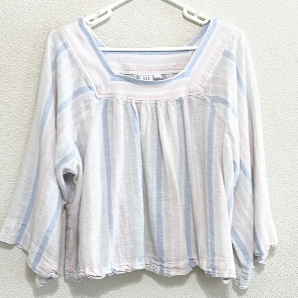 Gap Woman LINEN Multi Stripe Blouse Raglan Sleeve sTop Size L